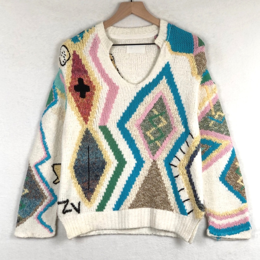ZADIG & VOLTAIRE‎ Sonny Kilim Carpet Intarsia Sweater Sz M Geometric Multicolor